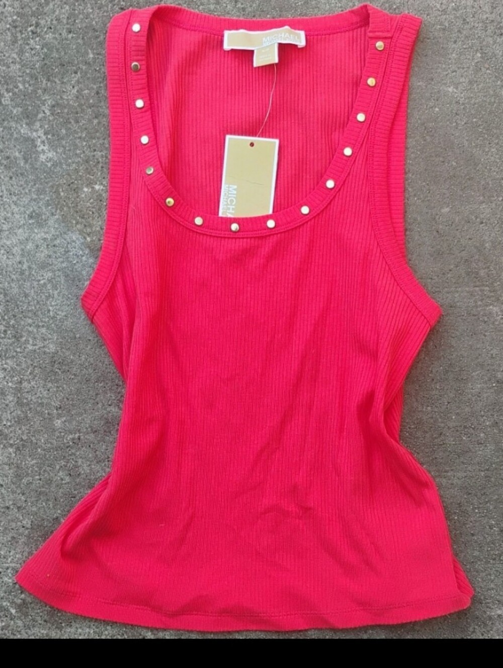 Michael Kors Small Gold Studded Hot Orange Red Soft Ribbed Knit Tank Top NWT